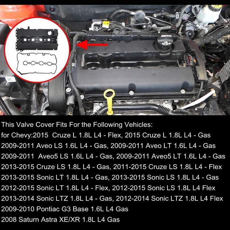 Surwit 55558673 Camshaft Valve Cover w/Gasket Compatible with Chevy 2011-2015 Cruze 2012-2015 Sonic 2009-2011 Aveo Aveo5 2009-2010 Pontiac G3 2008 Saturn Astra Part# 55564395 - Image 2